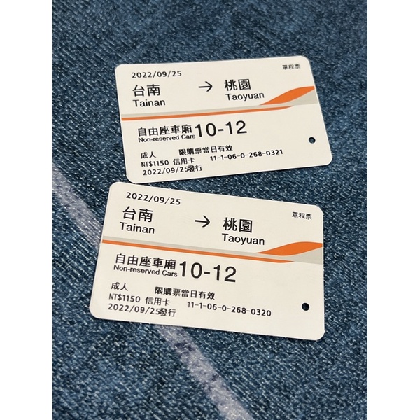 高鐵票根 台南-桃園 9月