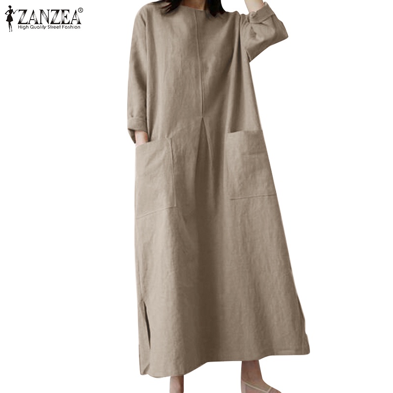 Zanzea 女士歐洲寬鬆日常口袋 3 / 4 袖棉質下擺開叉連衣裙