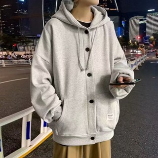 秋冬季外套男 加絨新款寬松開衫衛衣男 抽繩連帽開衫紐扣純色韓版潮流學生百搭休閑裝