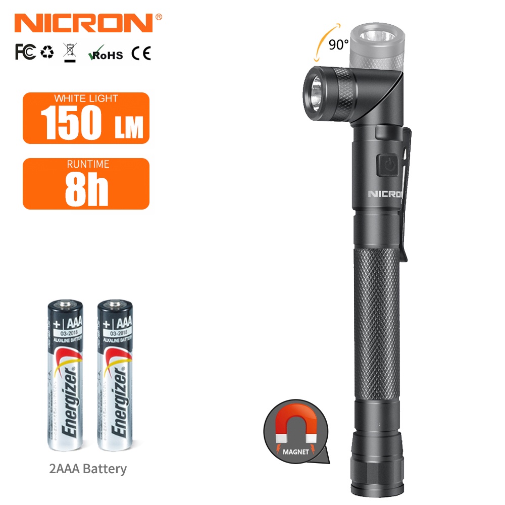 Nicron LED 手電筒 N73 Dual Fual Mag-net 90 度扭頭手電筒包括 2*AAA 150 流