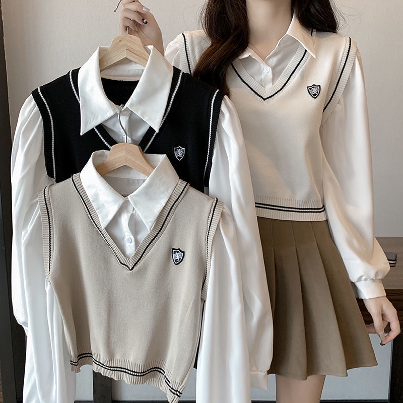 秋冬新款韓版設計感學院風 2775 Polo領襯衫拼接馬甲長袖上衣