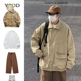 免運★樂天虎 韓版套裝男 長袖套裝 秋冬裝長袖上衣長褲 男生衣著三件套日系穿搭復古翻領工裝夾克外套男原宿風寬松闊腿工裝褲