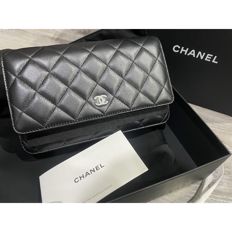 全新 現貨 Chanel 經典鏈子皮夾 woc 黑 銀扣 羊皮 黑銀羊