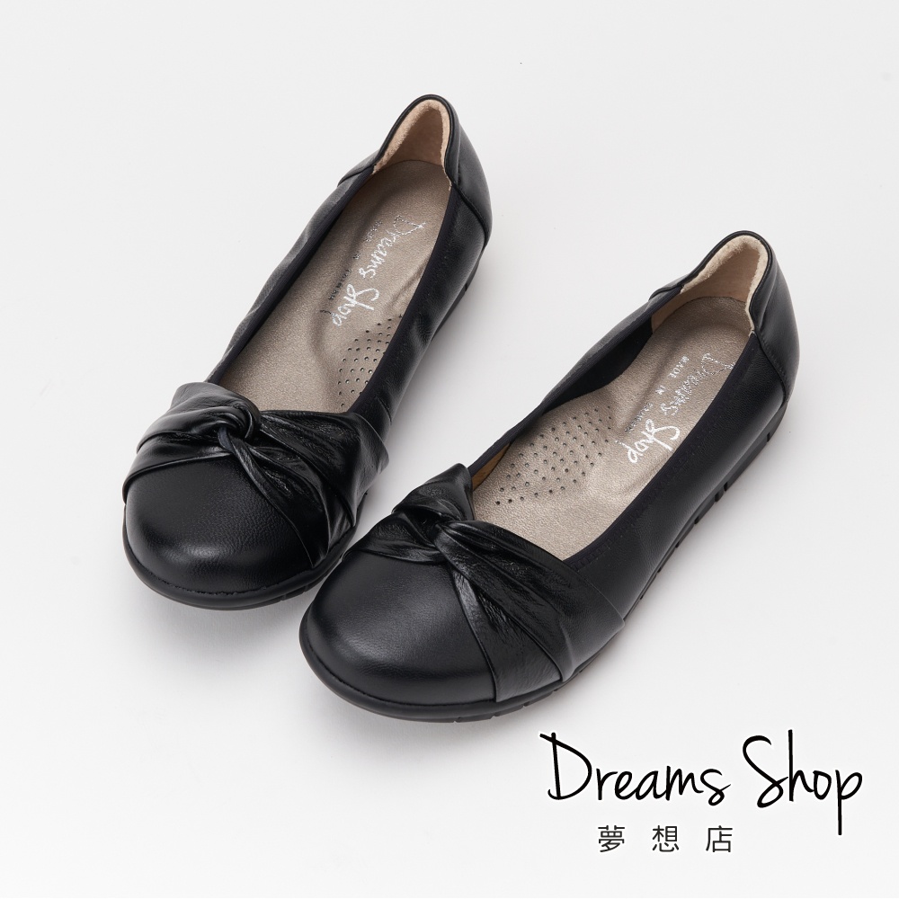 DREAMS SHOP 台灣真皮氣墊拇指外翻雙結款平底娃娃鞋 黑色【PW2019A】大尺碼女鞋36-46