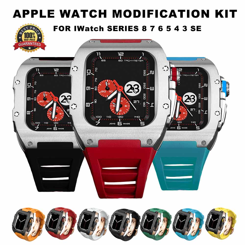 適用於 Apple Watch 8 7 45mm 44mm 氟橡膠錶帶的不銹鋼鈦改裝套件適用於 Iwatch SE