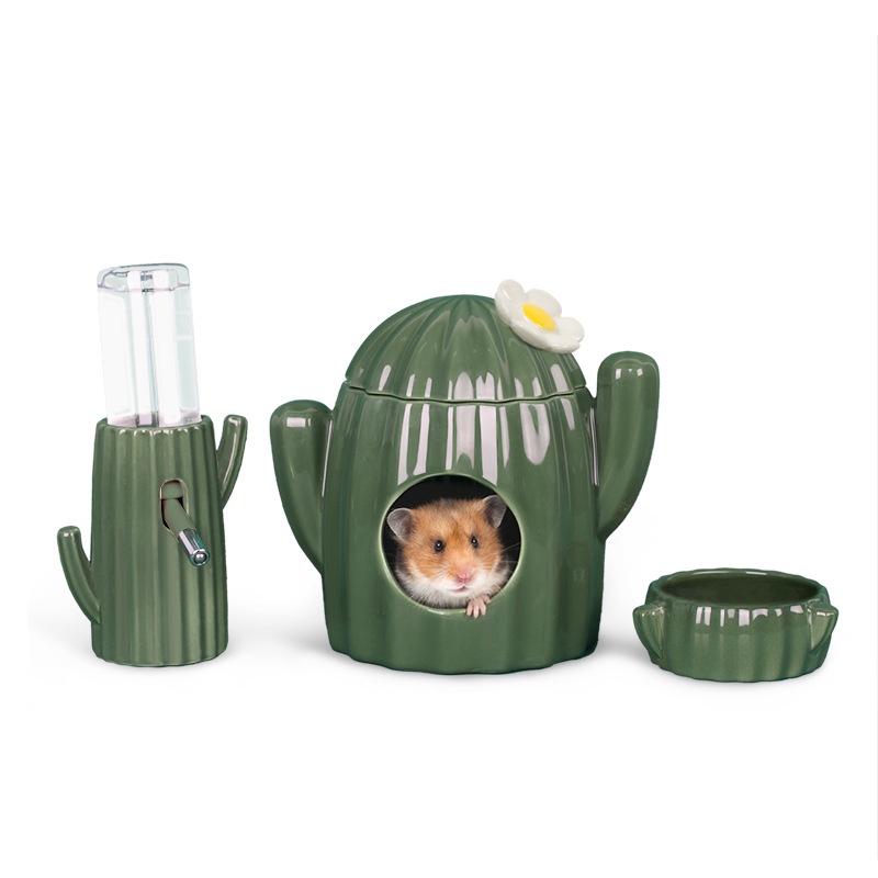 【三隻小豬寵物用品】布卡星 仙人掌系列- 倉鼠用陶窩 食盆 水樽架 水架