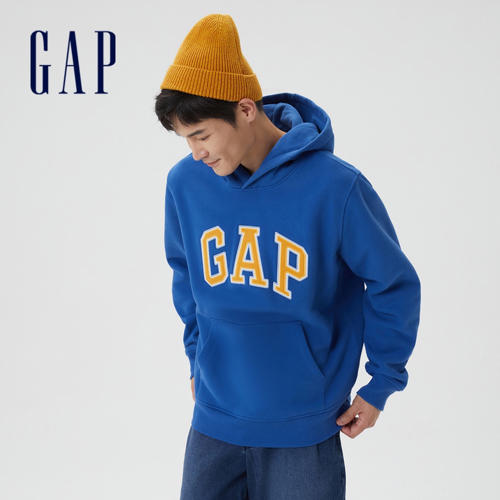 Gap 男女同款 Logo刷毛長袖帽T 碳素軟磨系列-深藍色(791339)