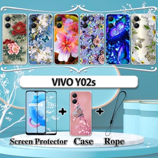 2 合 1 VIVO Y02s 手機殼帶鋼化玻璃曲面陶瓷螢幕保護膜花
