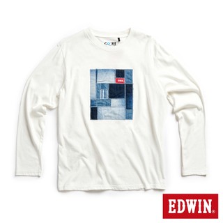 EDWIN 男款 再生系列 牛仔拼接LOGO長袖T恤(白色)