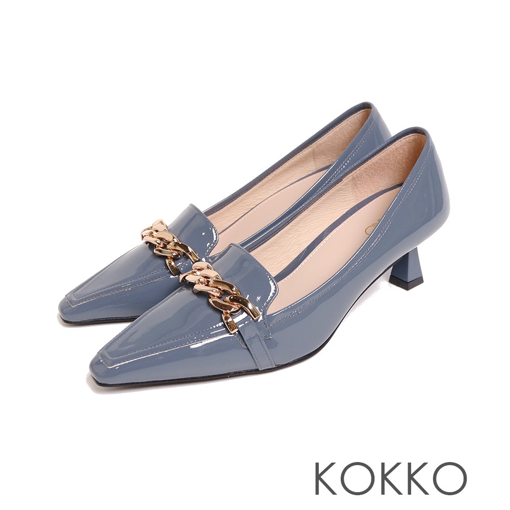 KOKKO優雅霸氣金屬鍊條修飾腳型方頭跟鞋灰藍色