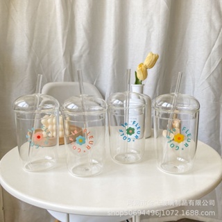 高硼硅透明吸管杯玻璃杯花朵大容量奶茶杯水杯冰咖啡杯子