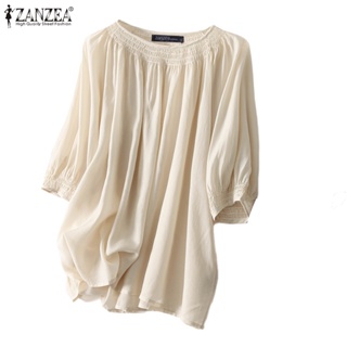 Zanzea 女士純色休閒寬鬆圓領半袖百褶薄上衣
