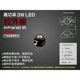 EHE】高功率3W 940nm隱視紅外線IR LED顆粒【不含鋁基】3H1R9。適夜視CCD攝影機監視器夜拍補光，無紅點