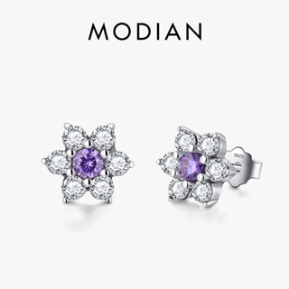 Modian 高品質 100% 925 純銀花朵紫色水晶耳釘時尚 CZ 女士結婚首飾禮物