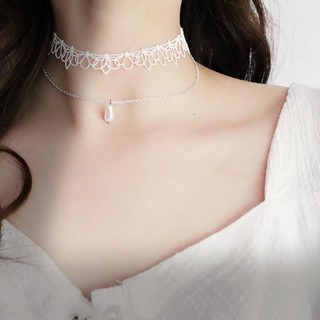 白色 蕾絲 花朵 雙層 珍珠 吊墜 項鍊 鎖骨鏈 choker