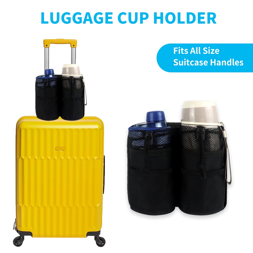 行李旅行飲料杯 袋拉桿箱便攜袋 黑色雙杯杯套包 可摺疊手提箱杯架