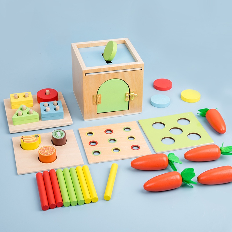 兒童早教玩具 6合1智力盒 蒙氏開鎖拔蘿蔔形狀套柱 水果配對玩具 益智早教玩具