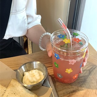 小花朵吸管玻璃杯 水杯 早餐牛奶杯 咖啡杯 奶茶杯 ins創意水杯 泫雅風小花玻璃吸管杯 果汁杯 彩色花朵 便攜吸管杯