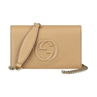GUCCI SOHO雙G LOGO牛皮6卡釦式斜揹包(駝)