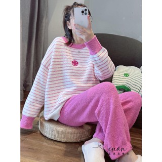 Xuan♥笑臉條紋珊瑚絨睡衣女冬季甜美加厚保暖軟綿綿家居服套裝可外穿