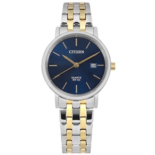 CITIZEN / 簡約優雅 礦石強化玻璃 日期 不鏽鋼手錶 藍x鍍金 / EU6096-58L / 28mm