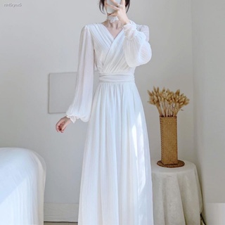 【現貨 免運】洋裝 裙子 冬季 加絨 2022新款 茶歇 法式 赫本風 白色長裙 高檔 長款 仙女 溫柔 長袖 連衣裙