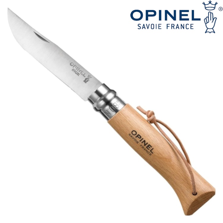 OPINEL N°08 Stainless steel TRADITION 不銹鋼系列折刀 附皮繩 櫸木刀柄001321