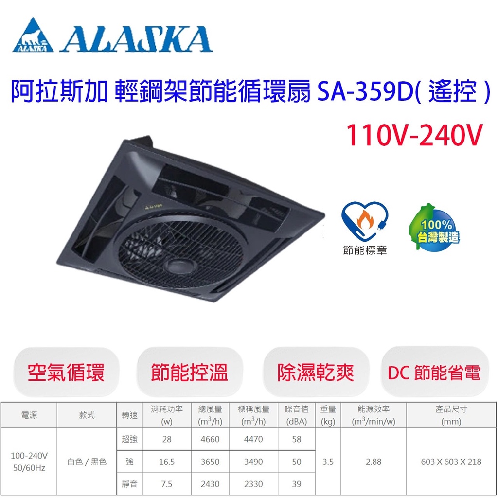 阿拉斯加 SA-359D 黑色 遙控 輕鋼架節能循環扇 輕鋼架 節能 循環扇 空氣循環扇 全電壓