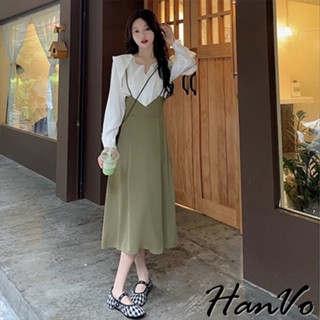 【HanVo】小仙氣襯衫霧綠A裙兩件式洋裝 韓版時尚簡約顯瘦兩件式套裝洋裝 韓系韓國女裝 女生衣著 A06-3611