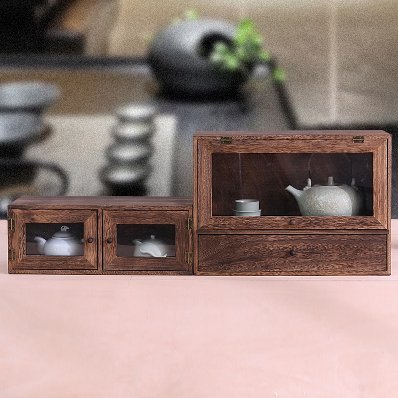 實木桌面防塵茶杯架茶壺櫃茶具收納盒擺件架茶寵置物展示盒茶葉櫃 萬家樂