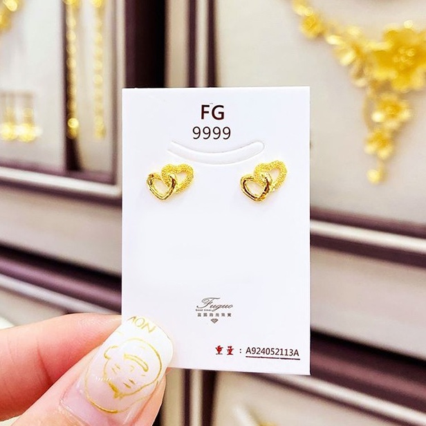 富國時尚珠寶-耳環 雙心 熱賣 純金 999.9 精緻 貼耳 耳環 耳飾 鑽沙 黃金