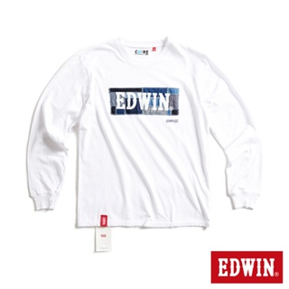 EDWIN 再生系列 牛仔拼接印花LOGO長袖T恤(白色)-男款