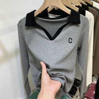 Polo 歐貨拼色翻領刺繡字母長袖T恤 女秋季新款休閑POLO衫體恤 上衣