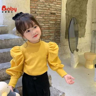 童裝 女童長袖T恤 泡泡袖打底衫 秋季百搭上衣 半高領拼接設計