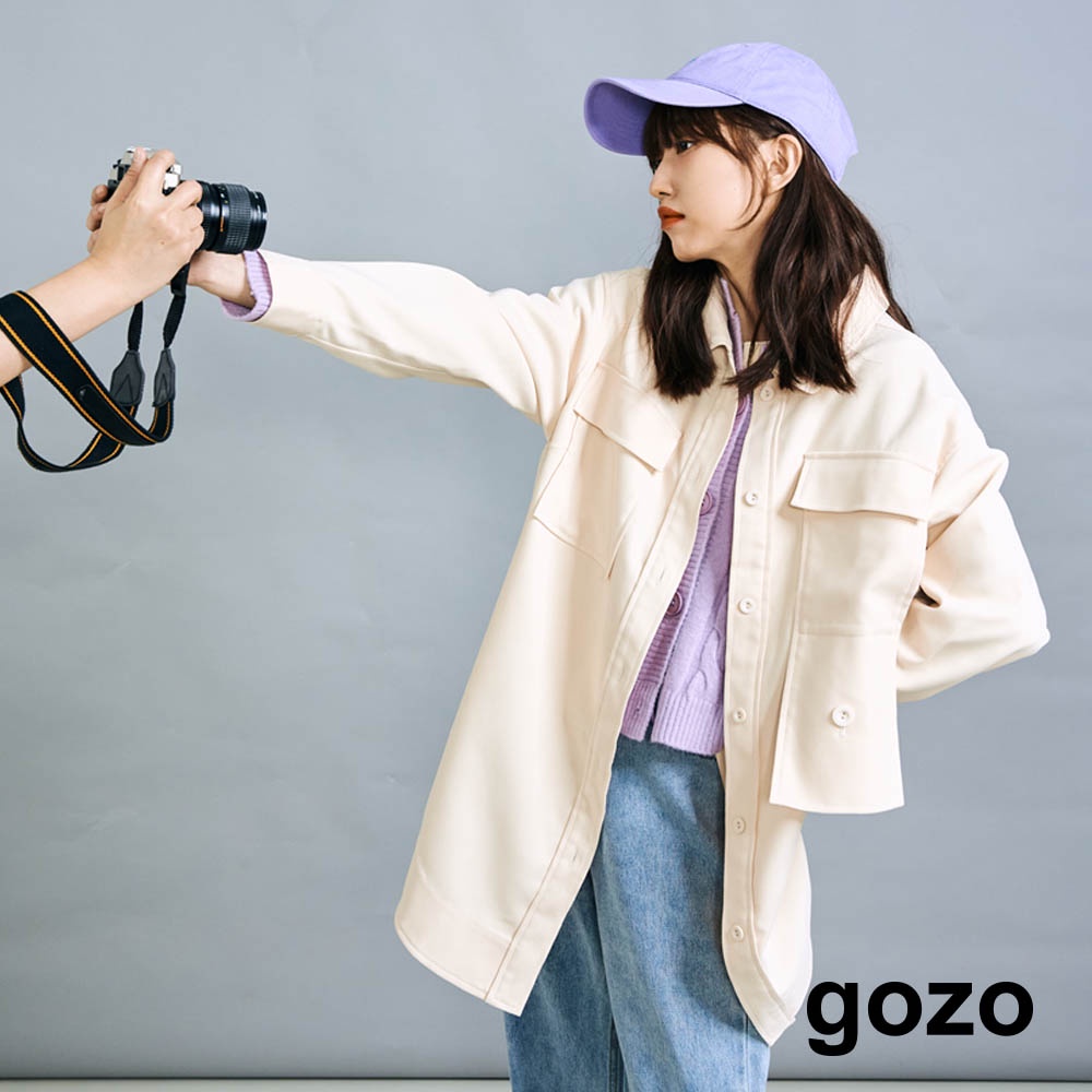 【gozo】minus-柔軟絨面設計感襯衫(米色/淺咖_F)｜女裝 顯瘦 休閒