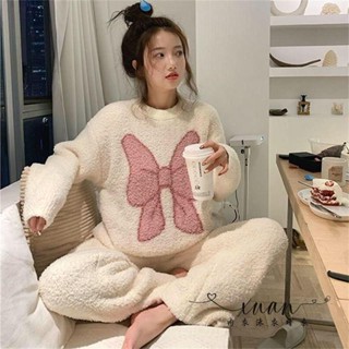 Xuan♥網紅同款ins日系甜美蝴蝶結加厚毛茸茸睡衣長褲可外穿家居套裝冬