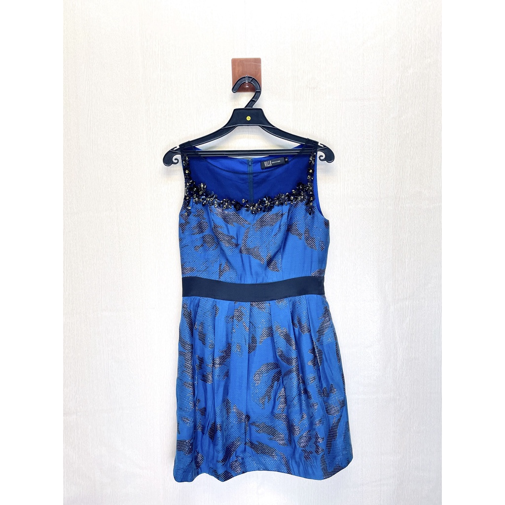 VILLE 菲磊專櫃 藍色水鑽印花造型洋裝