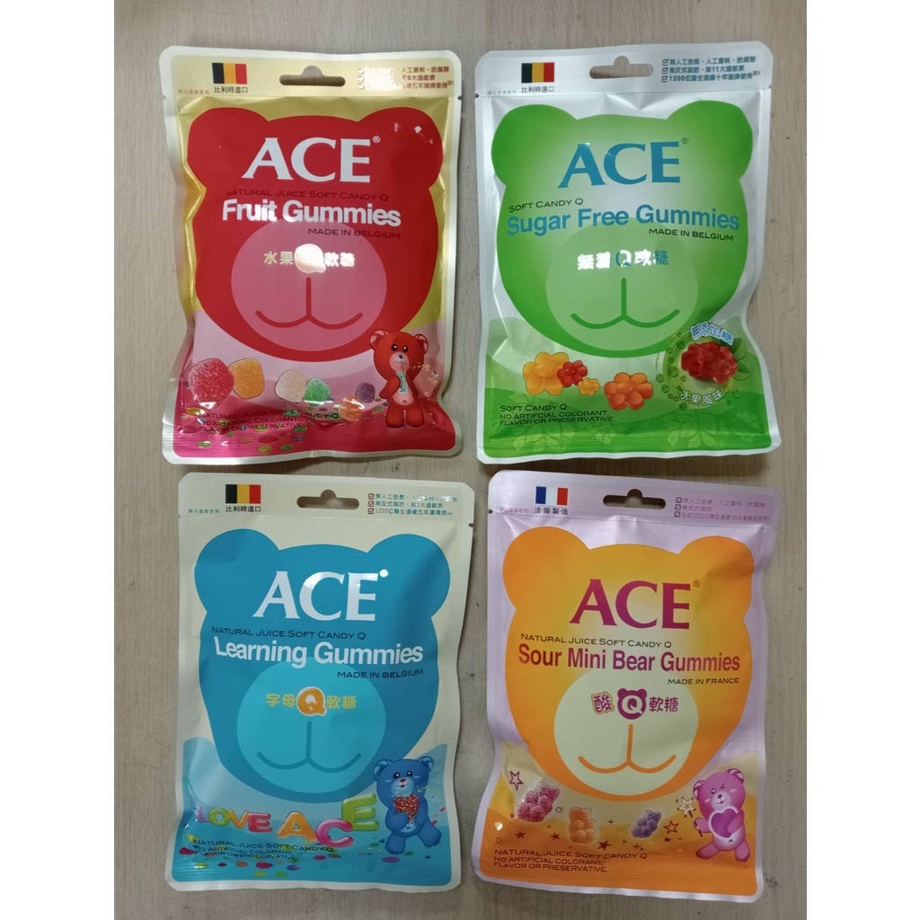 【ACE】水果 I 無糖 I 酸熊 I 字母  Q軟糖 (48g) 比利時原裝進口 兒童軟糖