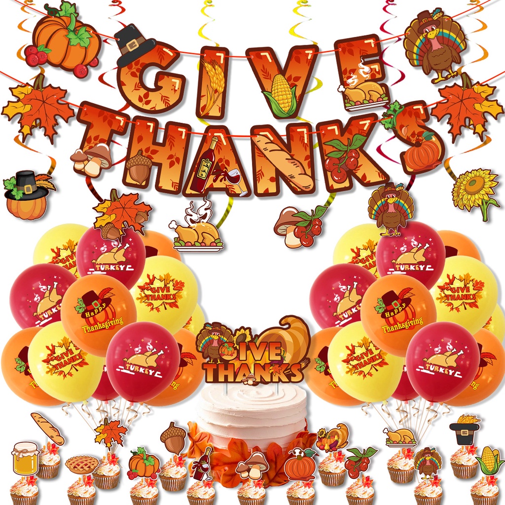 【貝迪】感恩節主題派對裝飾 Give Thanks節日拉旗蛋糕插牌氣球布置用品