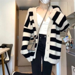 【SHINE GIRL】韓版復古 慵懶風 條紋撞色V領 針織毛衣小外套 女學生 秋冬寬鬆 上衣外套