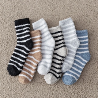 珊瑚絨條紋襪子 男士冬季加厚中筒襪 保暖居家地板睡眠襪