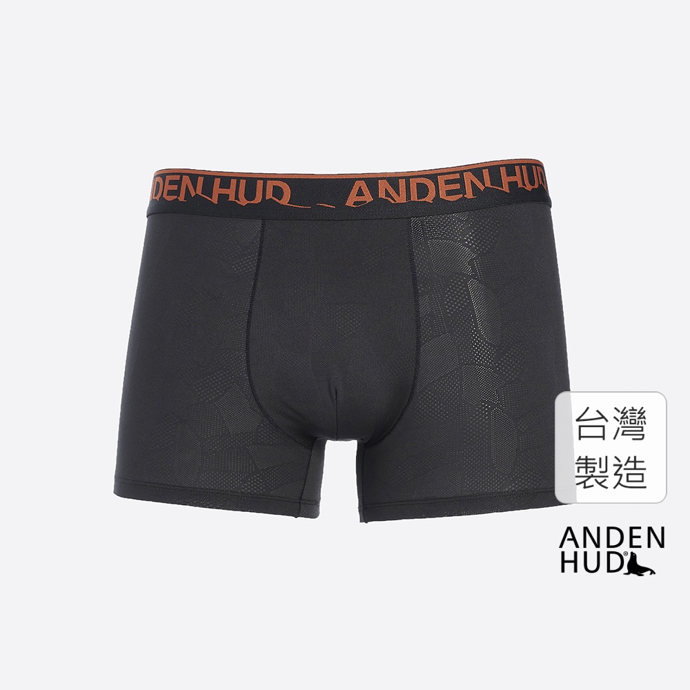 【Anden Hud】男款_吸濕排汗機能系列．緹花短版平口內褲(黑-橘山形緊帶) 台灣製