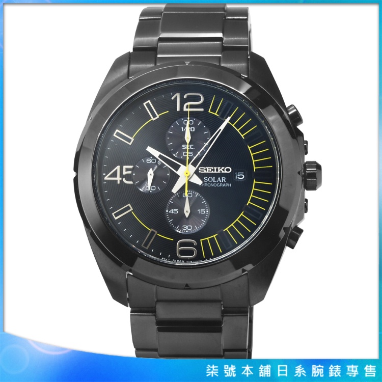 【柒號本舖】SEIKO精工太陽能大錶徑三眼計時鬧鈴鋼帶錶-IP黑 / SSC217P1