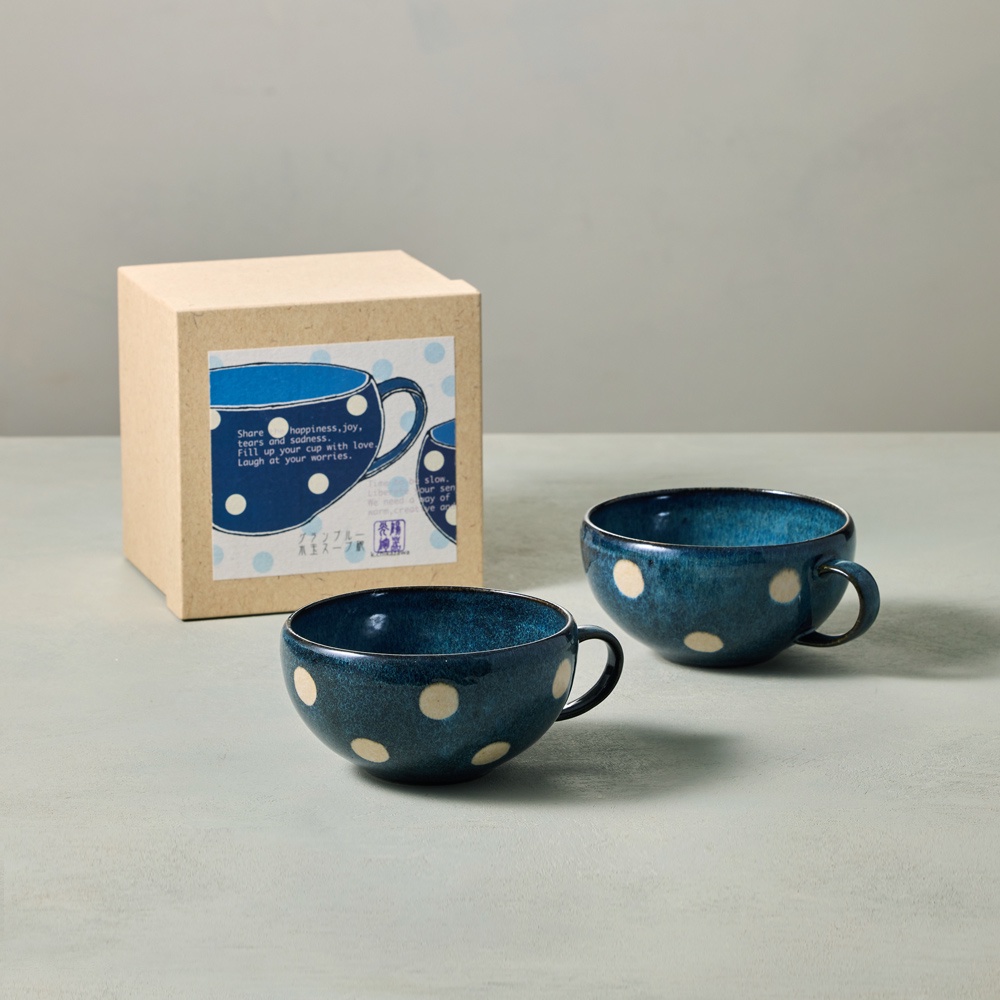 日本KOYO美濃燒 - 藍水玉湯碗 - 禮盒組(2件式) - 400 ml -《日本進口現貨》