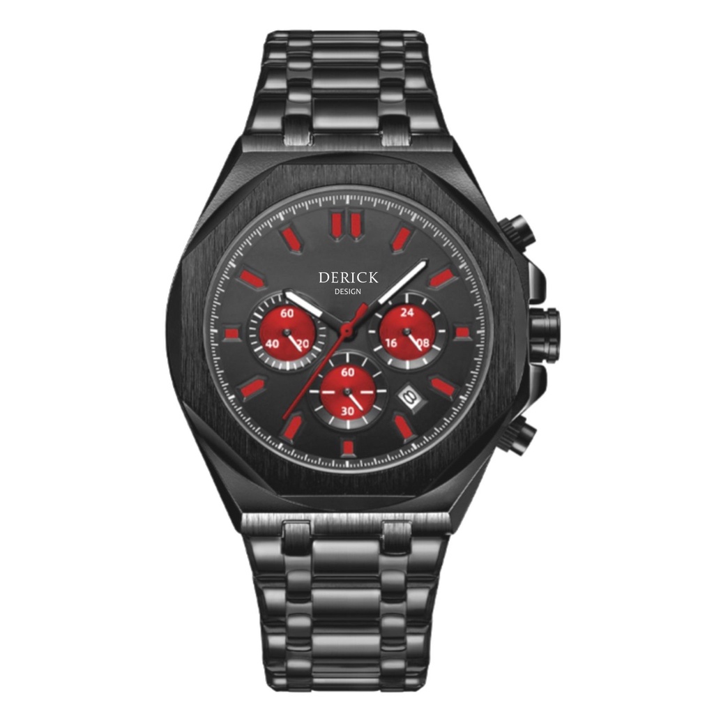 Derick 德理克 男手錶 八角款 日曆手錶 指針式  石英錶 金屬錶款 三眼計時 鋼帶 鋼帶錶 商務錶