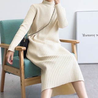 韓版長袖針織洋裝 氣質款坑條紋毛衣裙 輕熟風簡約打底裙女
