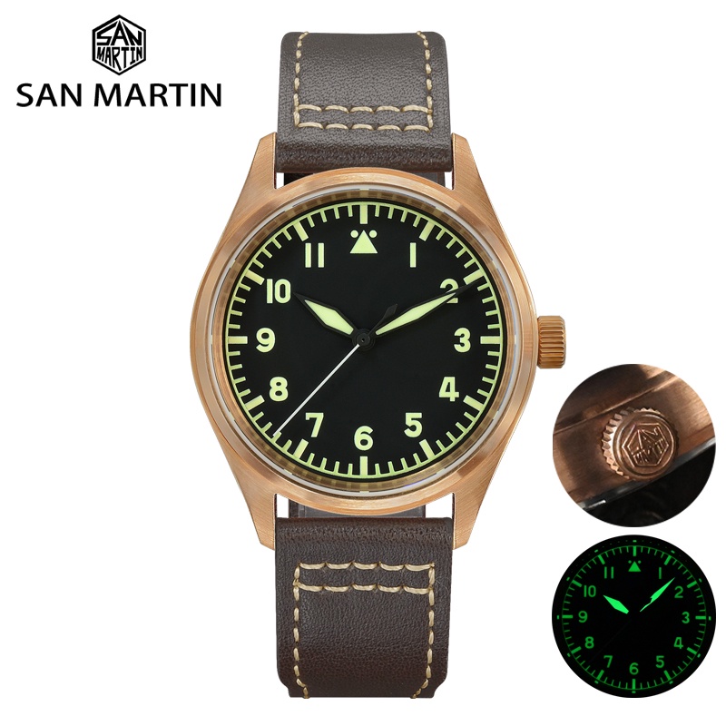 San Martin SN030-Q-V2 青銅飛行員手錶軍事 YN55A 復古簡約風格男士自動機械表皮革錶帶 20Ba
