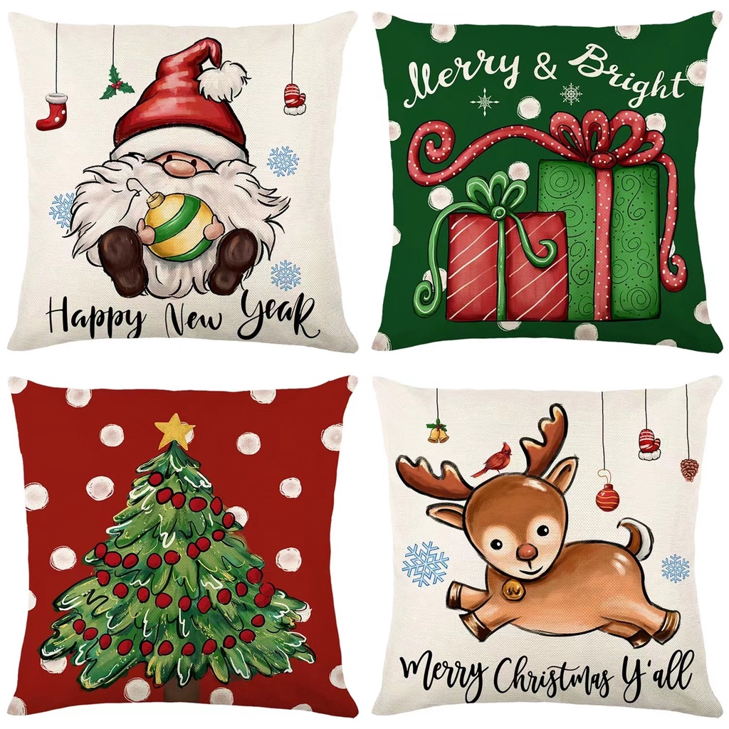耶誕抱枕套 亞麻手繪家居耶誕老人麋鹿靠 枕套 沙發靠墊套（4個）