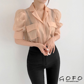 GOFO 短袖襯衫 韓系顯瘦 性感微透 排扣 泡泡袖 女生襯衫 女生衣著 女生上衣