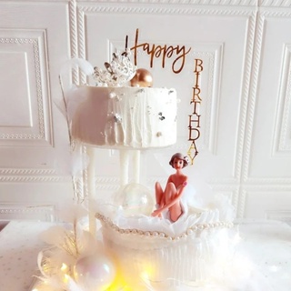 全新 1 件套亞克力生日快樂蛋糕裝飾金玫瑰粉色紙杯蛋糕裝飾女孩兒童生日派對蛋糕裝飾嬰兒送禮會
